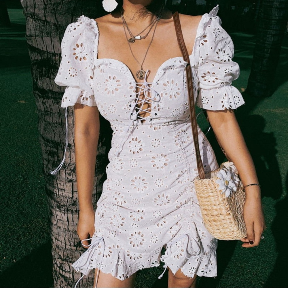 White Eyelet Lace-Up Dress